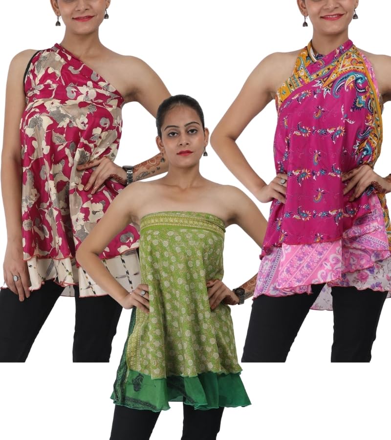 Wevez Women's Short Length Plus Size Sari Art Silk Wrap 3 Skirts Pack - Image 3